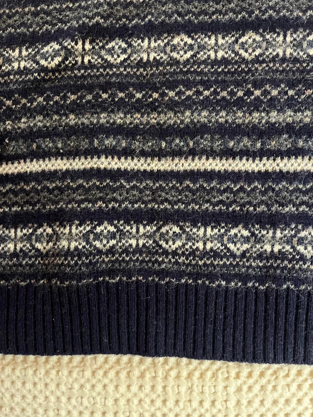 Taylor Stitch eastmoor Navy and Light Gray Fair Isle Crewneck Sweater